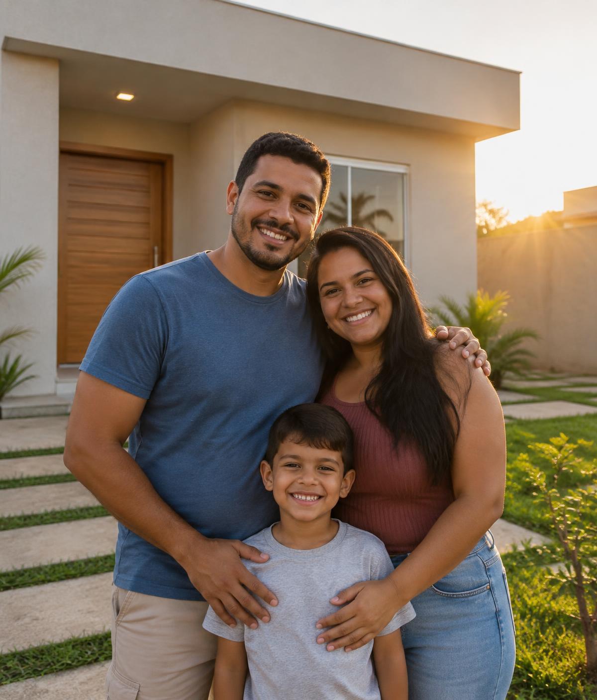 Família em frente à casa nova ao fim da tarde